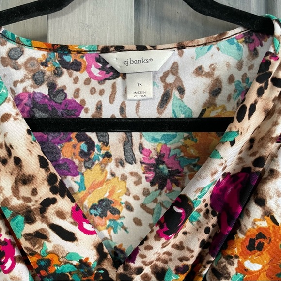 Cheetah Floral‎ Ruched Bust Blouse CJ Banks Size 1X leopard cheetah plum - Picture 3 of 8